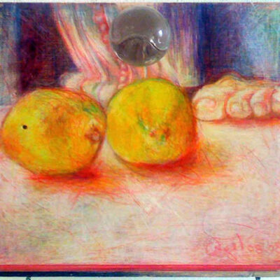 #Angel Diaz, #YNOTngl — lemons- 1998.  Size: 12" x 12". Combine, glass, mixed medium – color pencil on board.