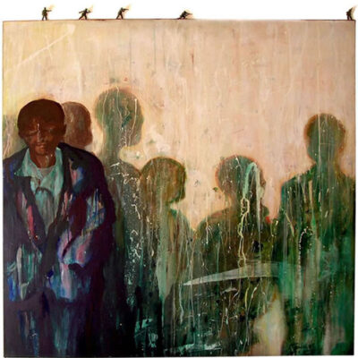Boys #1 — 1997 48" x 48" x 2.5" — Mixed medium, on Canvas with metal soldiers PRIVÉ: Massachusetts — USA The Whitney Center for the Arts permanent collection.