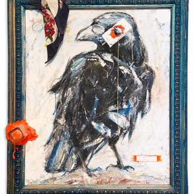 #Angel Diaz, # YNOTngl — Crow — 2020 36" x 24" x 3" — Combine, Mixed medium on canvas. Available